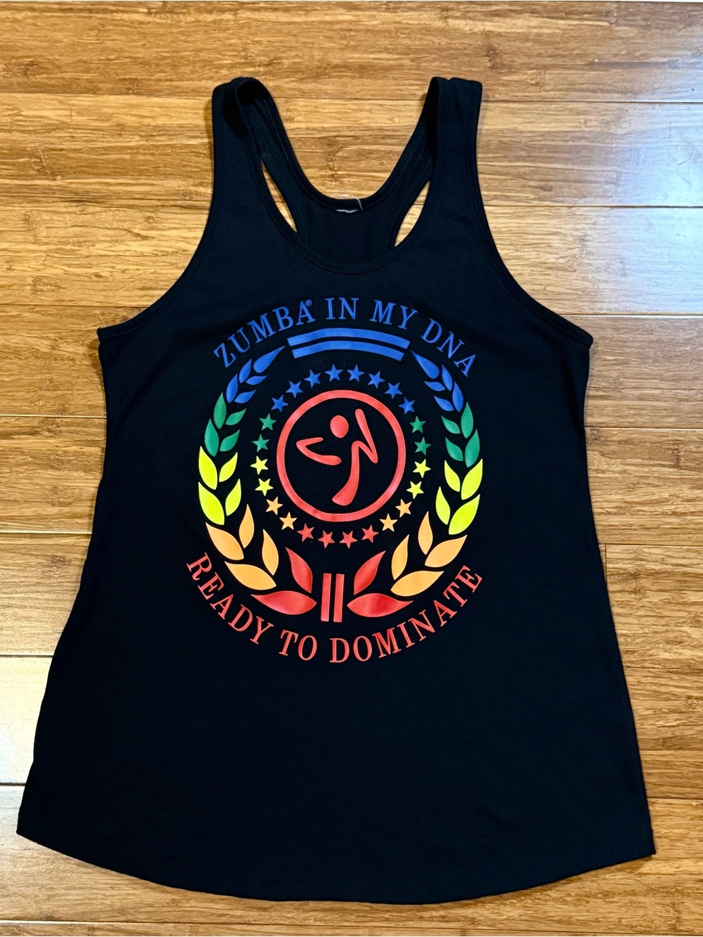 Zumba Fitness Black Zumba In My DNA Tank Top with Rainbow Crest Graphic Small